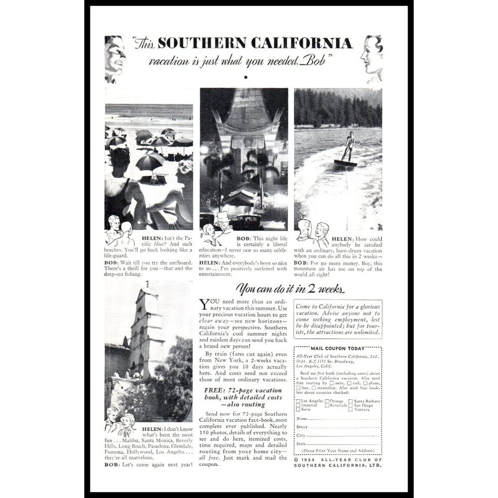 1934 Southern California Vacation Booklet Vintage Print Ad Chinese Theater Photo